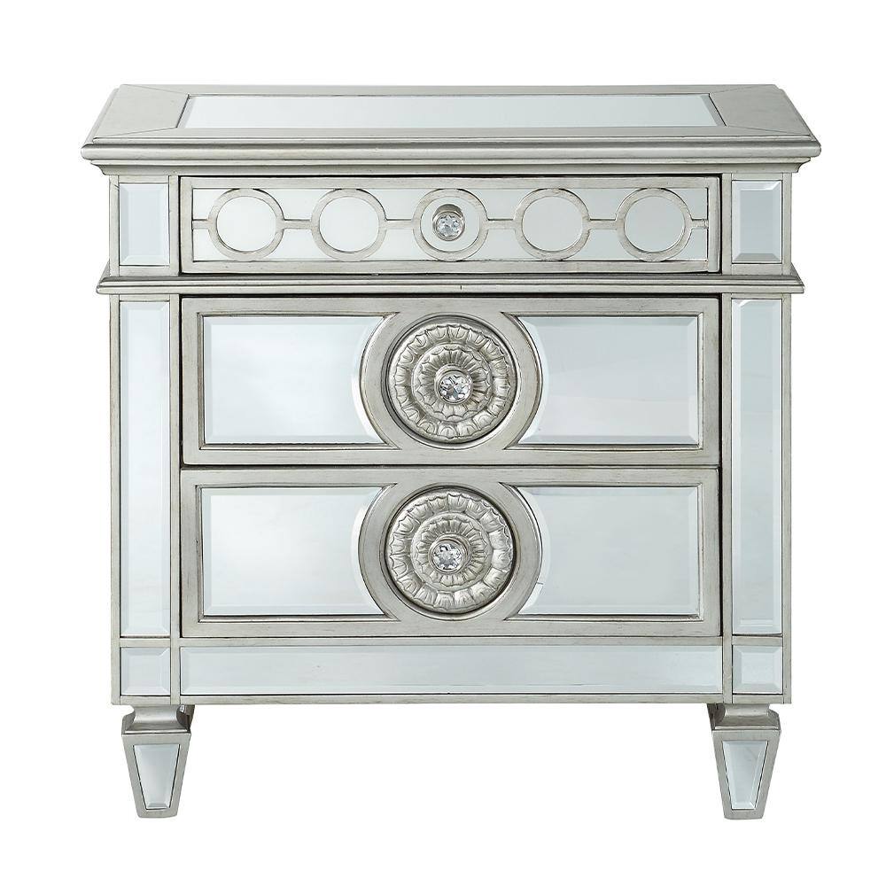 Elegant Silver Mirrored 2-Drawer Nightstand with Geometric Trim