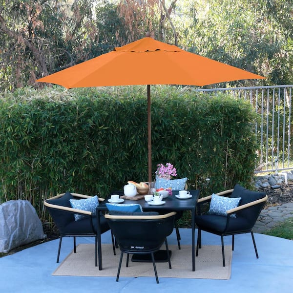 9 ft. Wood-Grain Steel Push Lift Market Patio Umbrella in Polyester Tuscan Fabric