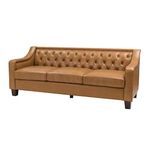 Blaz 82.28 in. Wide Slope Arms Tufted GenuineLeather 3-Seat Rectangle Camel Sofa in Brown