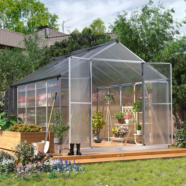 JAXPETY Walk-in Polycarbonate Greenhouse 10 ft. D x 8 ft. W x 7 ft. H Fixed Plant Greenhouse with Adjustable Roof Vents, Sliver