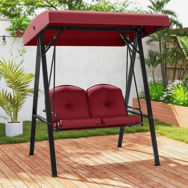 57 in. 2-Person A-Shaped Metal Stand Outdoor Porch Swing Loveseat with Wine Cushions