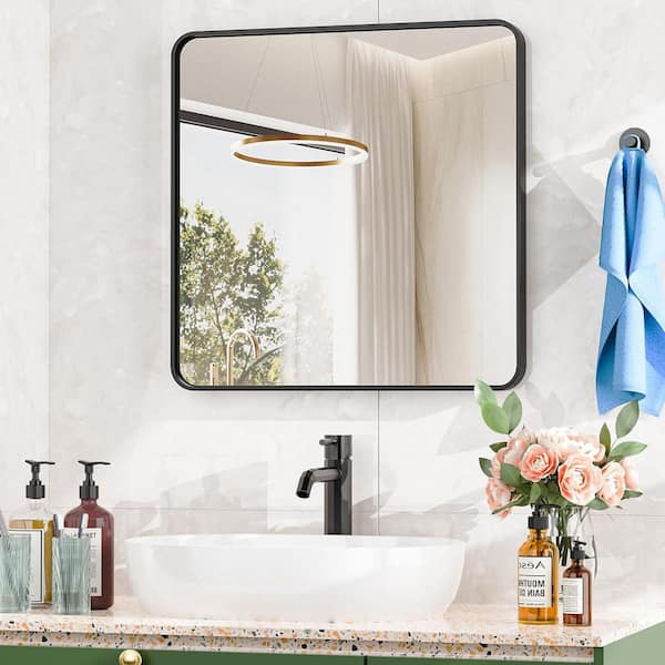 THY-HOM Spartan Black Frame 36 in. W x 36 in. H Modern Tempered Wall Mirror Aluminum Alloy Framed Bathroom Mirror