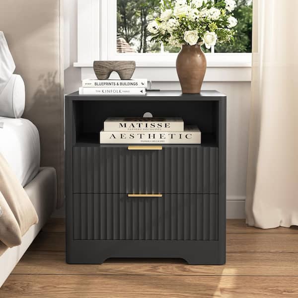 Preston Modern Black 2 Drawers Nightstand Bedside Table with Night Light and Charging Station