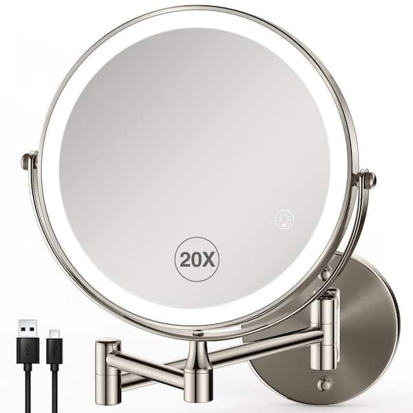 8.5 in. W x 8.5 in. H Round LED Wall Mount Bathroom Makeup Mirror with 3 Adjustable LED, 1X/20X Magnifing-Brushed Nickel