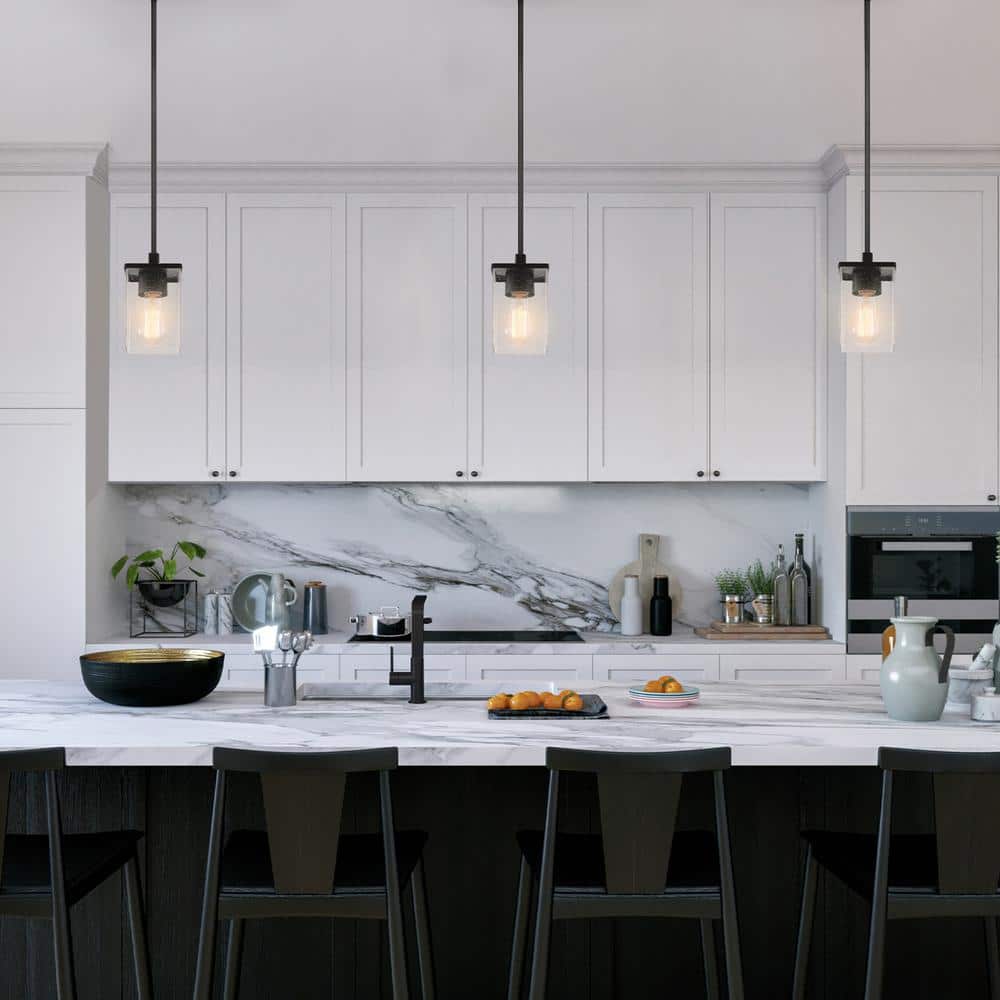Matte Black Cylinder Pendant Light with Seeded Glass Shade