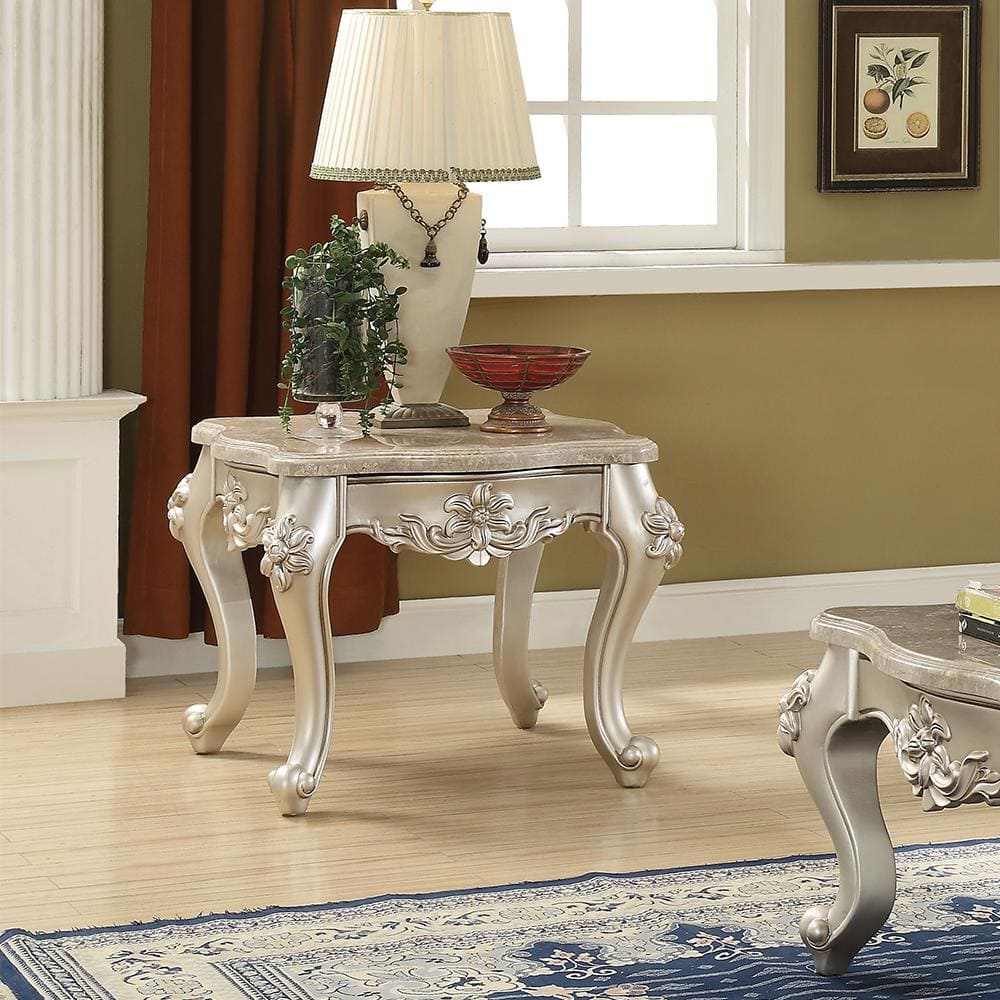 Silver Marble Top End Table with Floral Motif and Wood Legs