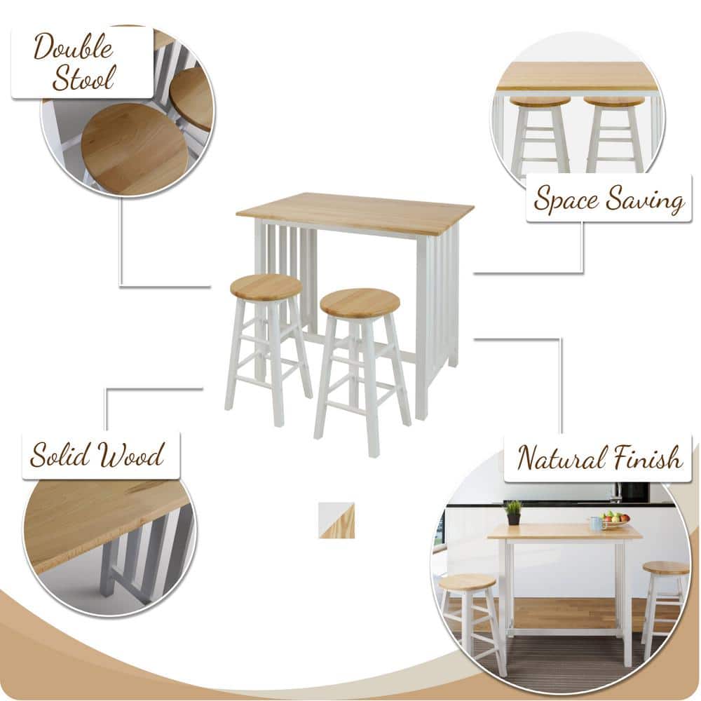 White and Natural Wood 3-Piece Pub Breakfast Set