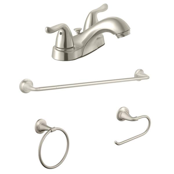 Glacier Bay Constructor 4 in. Centerset 2-Handle Bathroom Faucet and Bath Accessory Value Kit in Brushed Nickel