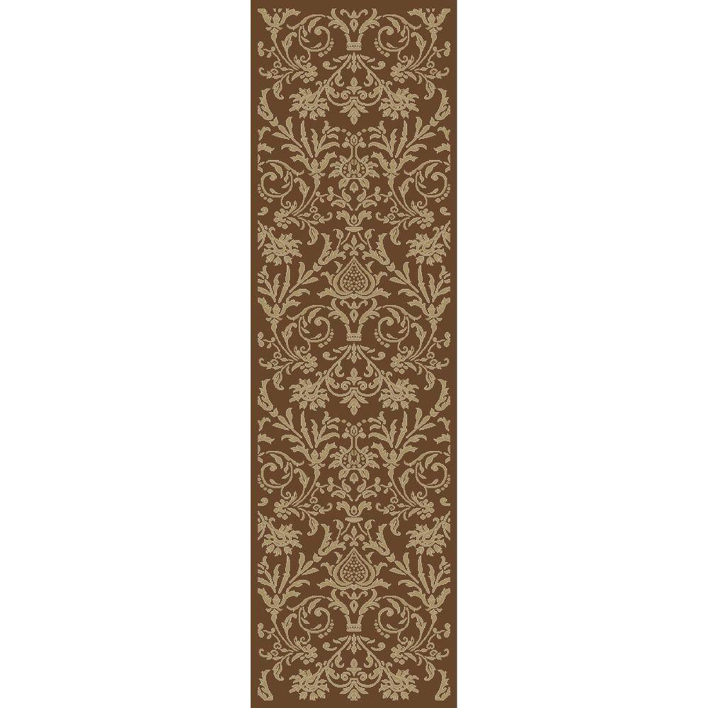 Brown Damask Pattern Medium Pile Runner Rug