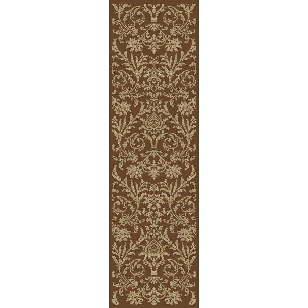 Brown Damask Pattern Medium Pile Runner Rug