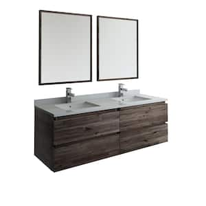 Formosa 60 in. Modern Double Wall Hung Vanity in Warm Gray with Quartz Stone Vanity Top in White w/ White Basins, Mirror