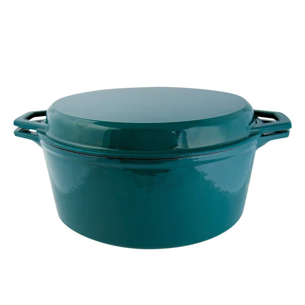 Taste of Home 7 qt. Round Cast Iron Dutch Oven in Sea Green with Grill Lid