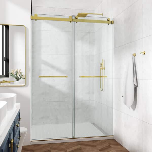 HOMEMYSTIQUE Tango 56-60 in. W x 66 in. H Sliding Frameless Shower Door in Gold with Clear Glass