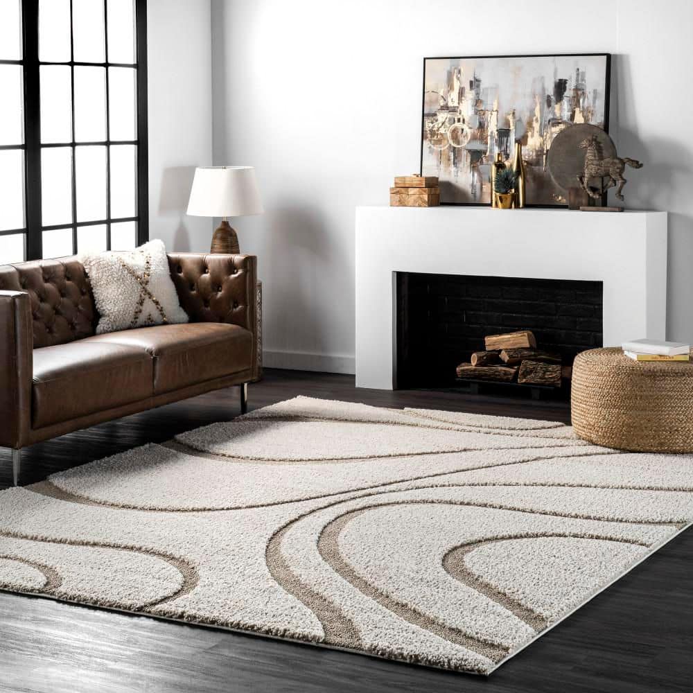 Elysian Cream Round Shag Area Rug with Abstract Design