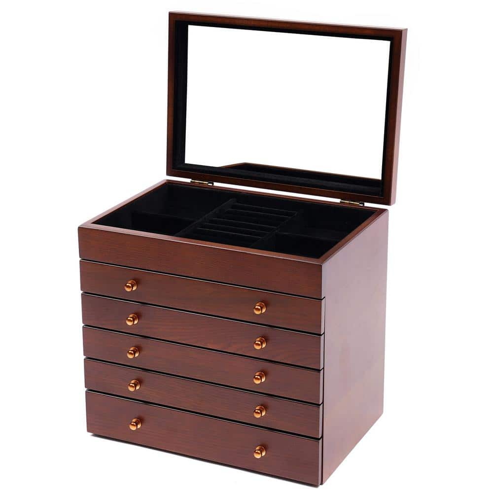YIYIBYUS Brown Wooden Jewelry Storage Box with Mirror 5-Drawers OT-ZJGJ ...