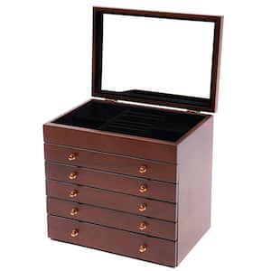 Brown Wooden Jewelry Storage Box with Mirror 5-Drawers