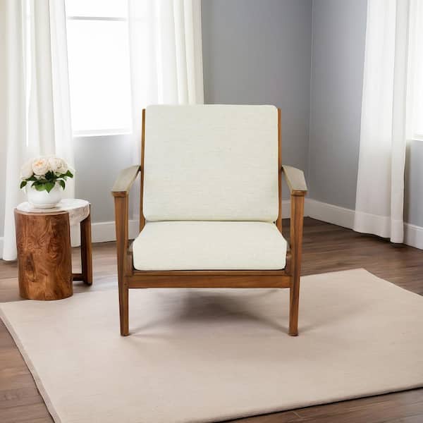 Ashcroft Furniture Co Kalley Mid-Century Modern Cushion Back Solid Wood Armchair in Cream Linen
