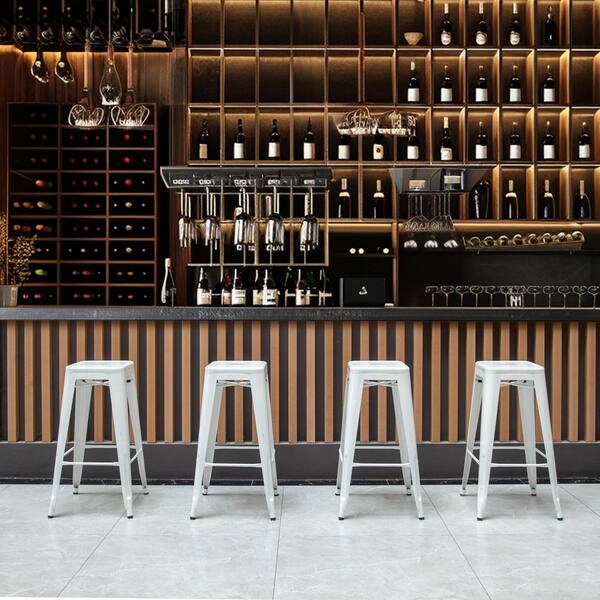 30" Backless Non-upholstered Metal Bar Stool Stackable Heavy-Duty Counter-Height Chair, White Set of 4