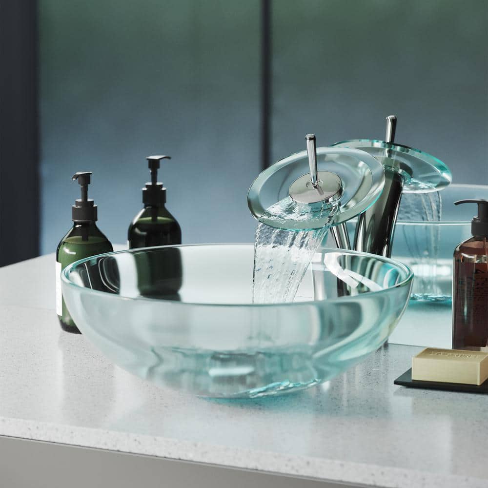 Cascade Clear Glass 16.5'' Vessel Sink with Waterfall Faucet