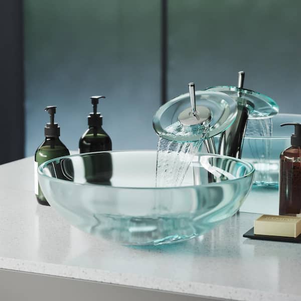 Swiss Madison Cascade Clear Round Glass Vessel Sink with Cascade Faucet