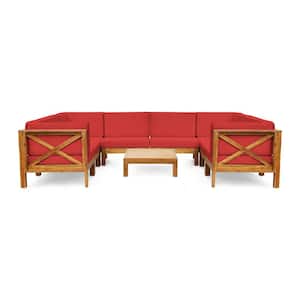 Brava Teak Brown 9-Piece Wood Patio Conversation Sectional Seating Set with Red Cushions