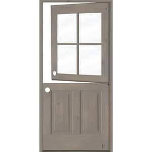 32 in. x 80 in. Farmhouse Knotty Alder Right-Hand/Inswing 4-Lite Clear Glass Grey Stain Dutch Wood Prehung Front Door
