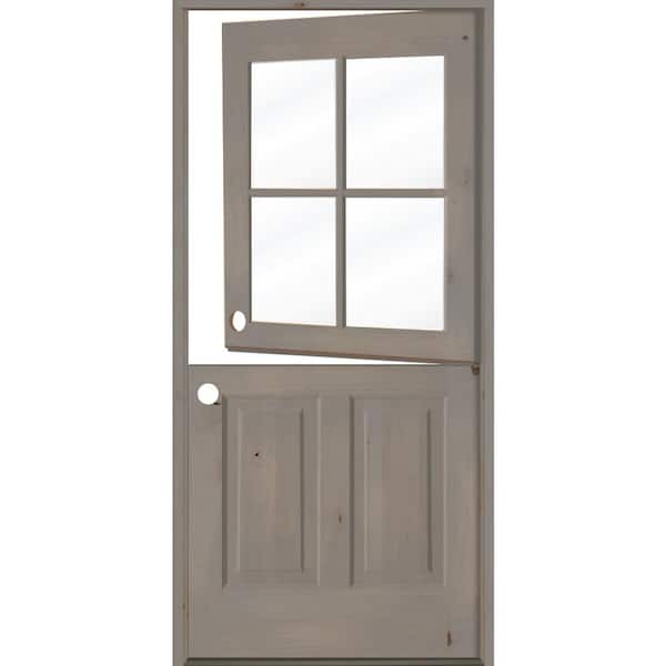 Krosswood Doors 32 in. x 80 in. Farmhouse Knotty Alder Right-Hand/Inswing 4-Lite Clear Glass Grey Stain Dutch Wood Prehung Front Door