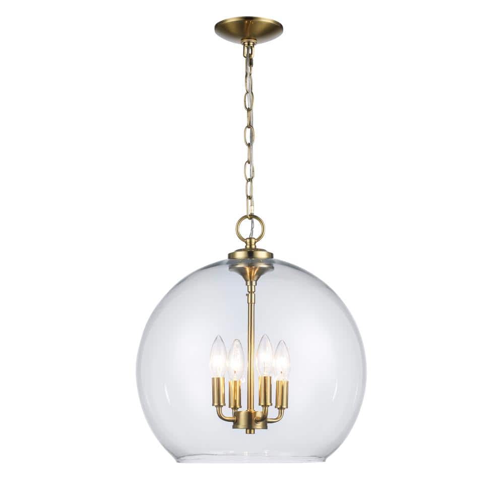 Home Decorators Collection Kingsley 4-Light Aged Brass Pendant Light with Clear Glass Shade