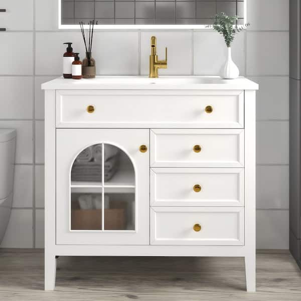 36 in. Single Sink Freestanding White Bath Vanity with White Ceramic Top, Motion-sensor Light, Drawers
