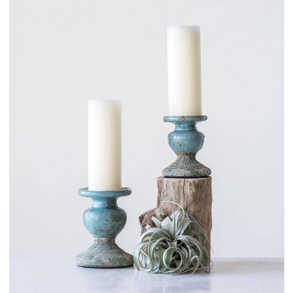 Small Distressed Blue Ceramic Pillar Candle Holder