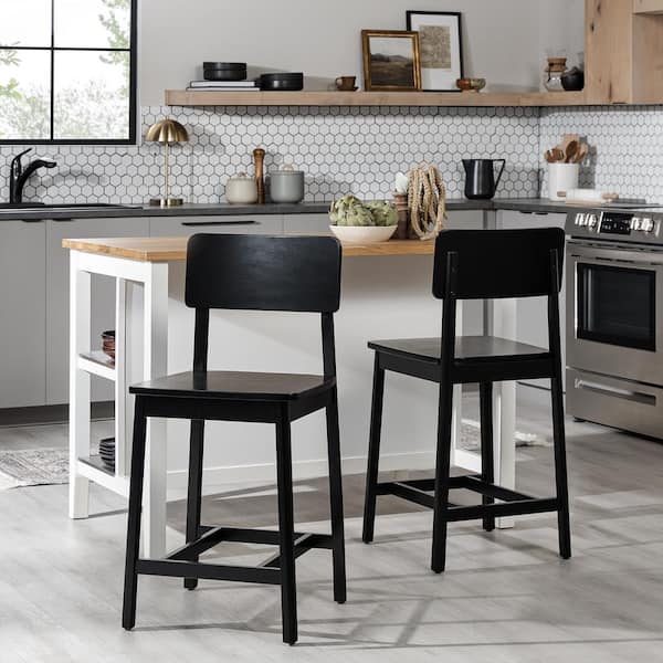 Walker Edison Furniture Company Modern 24 in. Black Low Back Solid Wood Counter Stool with MDF Seat, Set of 2
