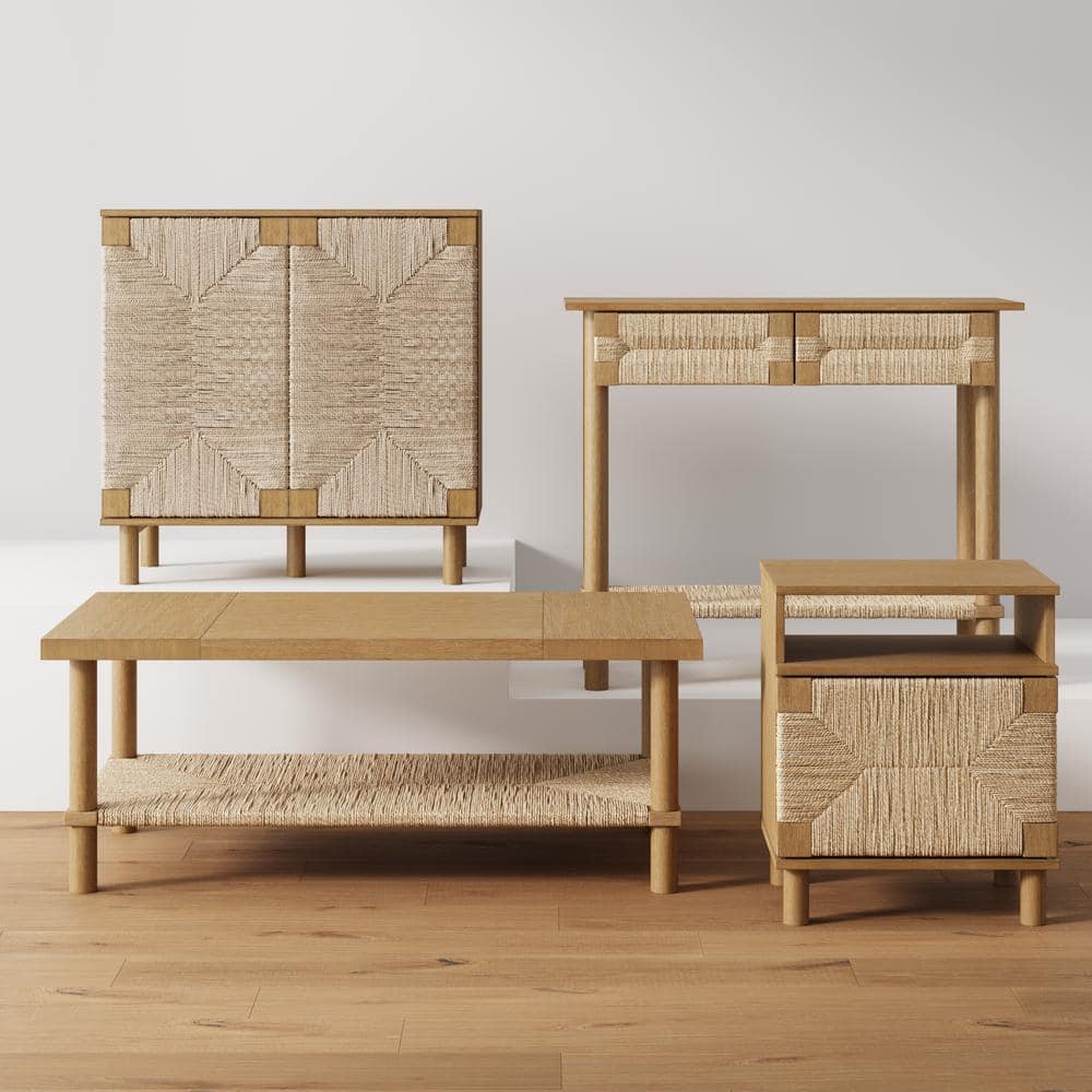 Beacon Light Brown Wood Console Table with Seagrass Storage
