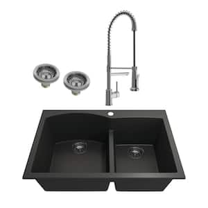 Campino Duo Matte Black Granite Composite 33 in. 60/40 Double Bowl Drop-In/Undermount Kitchen Sink withFaucet