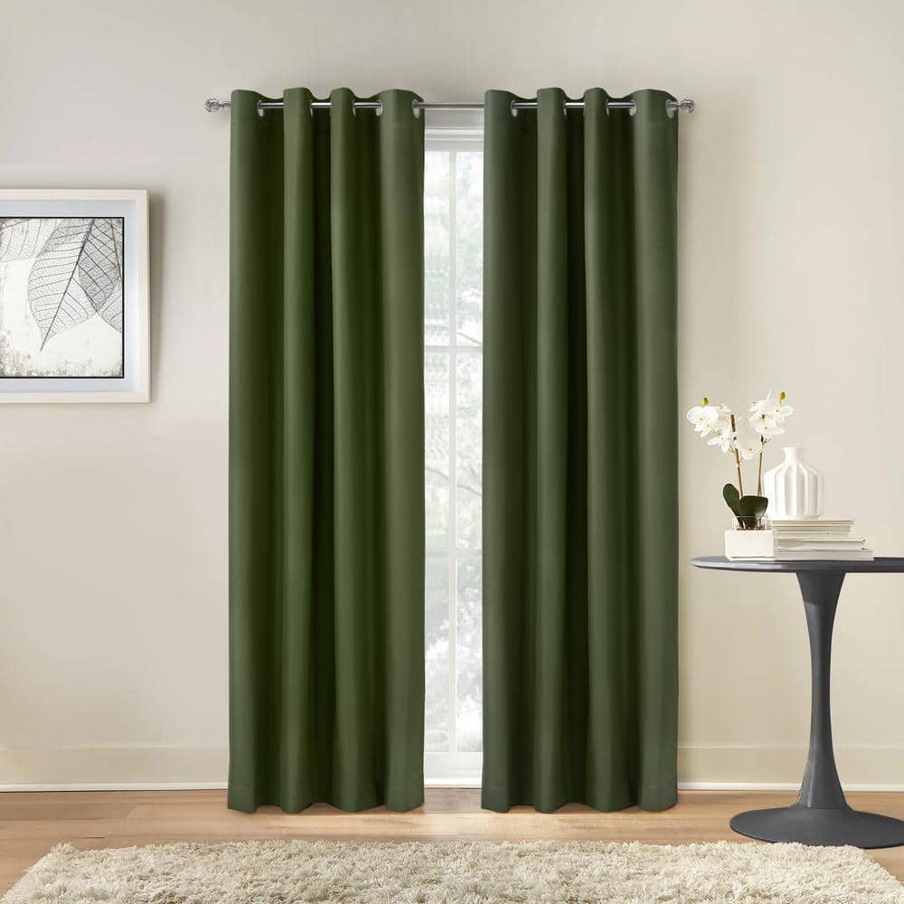 Alpine Olive Polyester Solid 52 in. W x 84 in. L Grommet Indoor Blackout Cu
