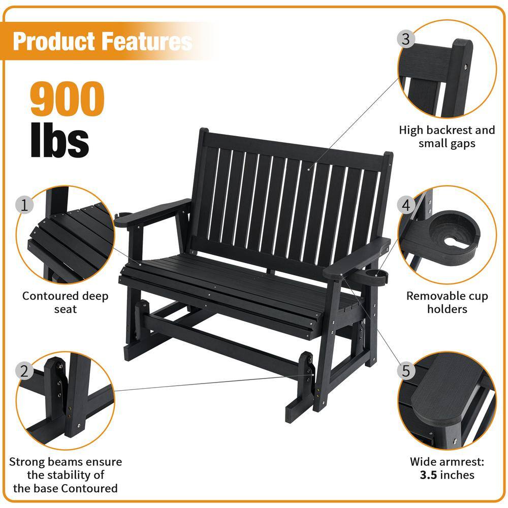 Black Composite Outdoor Glider with Removable Cup Holders