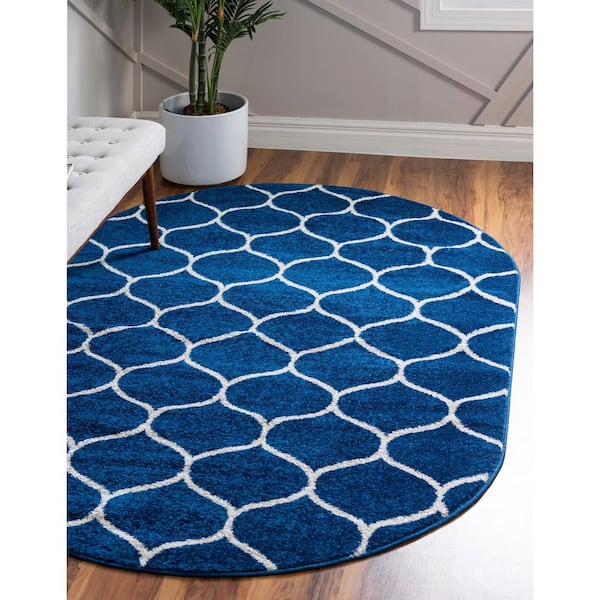 Trellis Frieze Rounded Navy Blue 7 ft. 10 in. x 10 ft. Area Rug