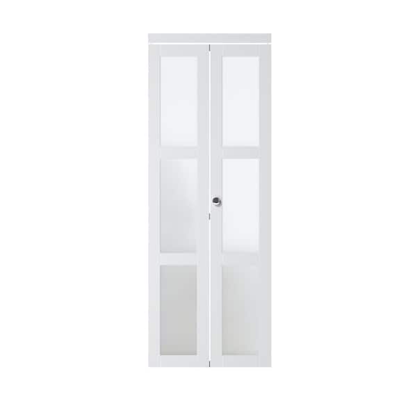 ARK DESIGN 30 in. x 80.5 in. 3-Lite Tempered Frosted Glass Solid Core White Finished Bi-Fold Door with Hardware