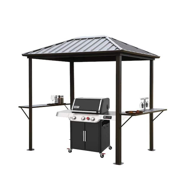 6 ft. x 8 ft. Grill Hardtop GazeboOutdoor Permanent BBQ Gazebo with Galvanized Steel Single Roof, Gray.
