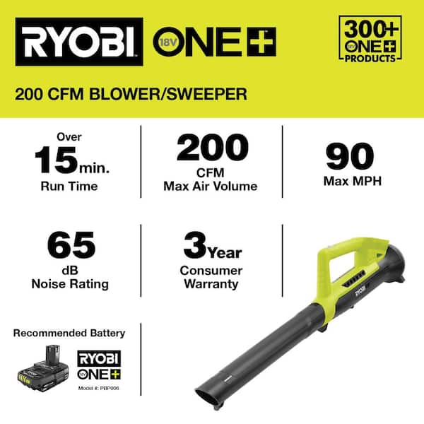 RYOBI Reconditioned ONE+ 90 MPH 200 CFM 18-Volt Lithium-Ion Cordless Leaf Blower - 2.0 Ah Battery and Charger Included RYOBI Reconditioned ONE+ 90 MPH 200 CFM 18-Volt Lithium-Ion Cordless Leaf Blower - 2.0 Ah Battery and Charger Included