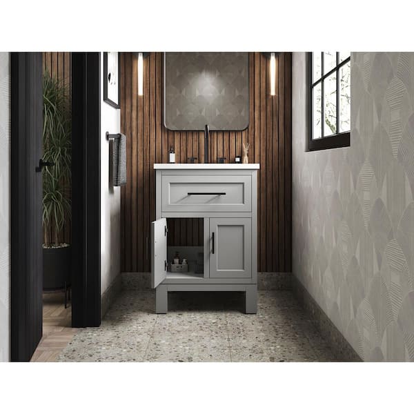 Quo 25in. Single Sink Freestanding Mohair Grey Bath Vanity with White Quartz Top Assembled