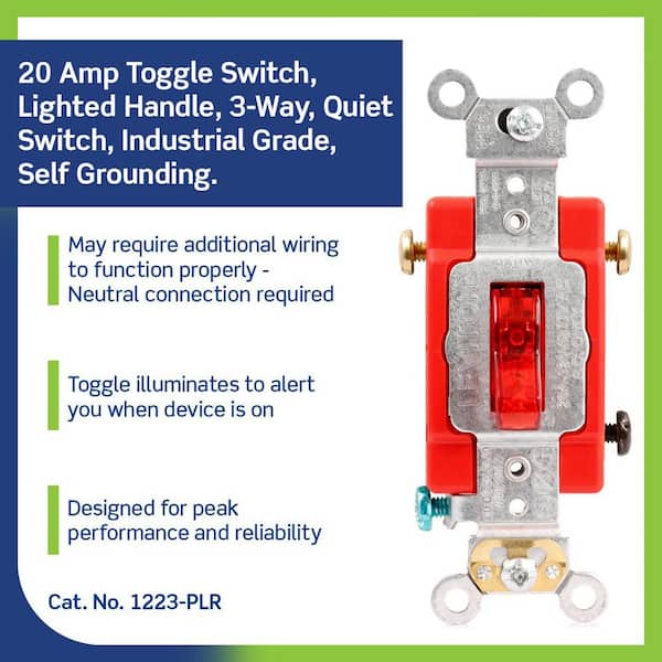 20 Amp Industrial Grade Heavy Duty 3-Way Pilot Light Toggle Switch, Red 1223-PLR