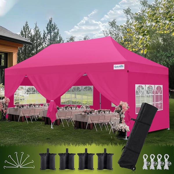 10 ft. x 20 ft. Heavy Duty Pop Up Canopy Party Tent with Enclosed Sidewalls, Hexagonal Legs, Easy Setup Gazebo-Pink