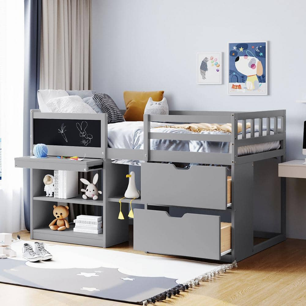 Gray Twin Size Wood Low Loft Bed with Blackboard, Rolling Desk, Bookshelf and 2 Drawers -  Harper & Bright Designs, QMY104AAE