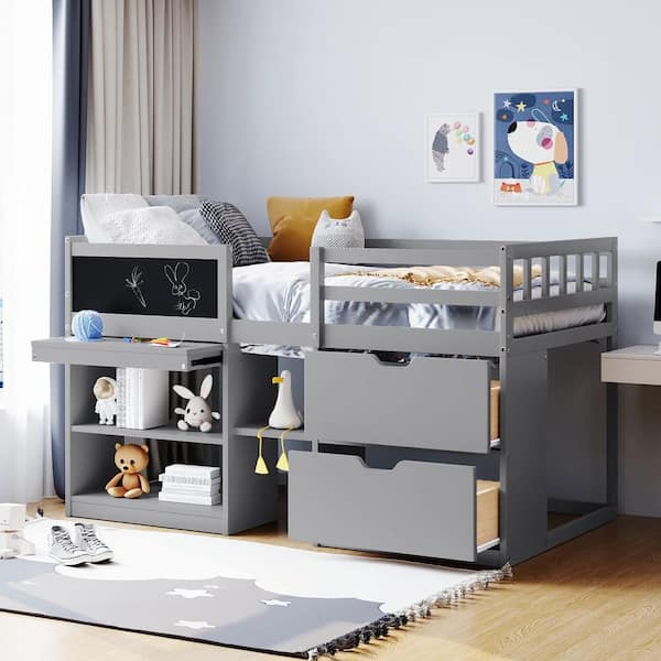 Harper & Bright Designs Gray Twin Size Wood Low Loft Bed with Blackboard, Rolling Desk, Bookshelf and 2 Drawers
