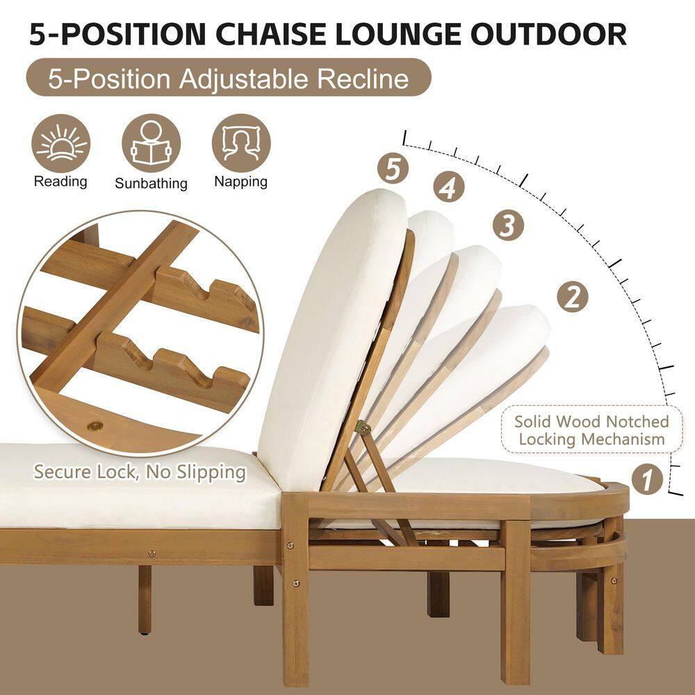 Diagram showing the 5-position adjustable backrest of the acacia wood chaise lounge.