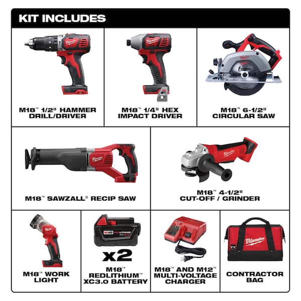 M18 18V Lithium-Ion Cordless Combo Kit (6-Tool) with Two 3.0 Ah Batteries, 1 Charger, 1 Tool Bag & 6-1/2 in Blade
