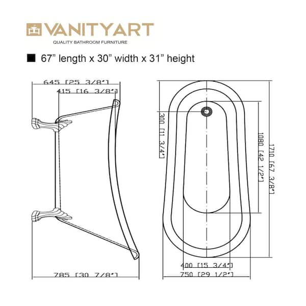 Vanity Art Toulouse 67 in. Acrylic Clawfoot Freestanding Bathtub in White