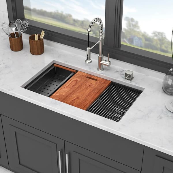 33 in. Undermount Single Bowl 16 Gauge Gunmetal Black Stainless Steel Kitchen Sink with Ledge Workstation