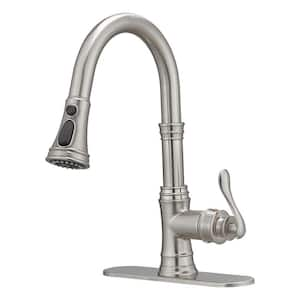 Single Handle 3 Spray High Arc Pull Down Sprayer Kitchen Faucet With Deck Plate in Brushed Nickel