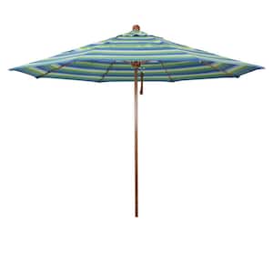 11 ft. Woodgrain Aluminum Commercial Market Patio Umbrella Fiberglass Ribs and Pulley Lift in Seville Seaside Sunbrella